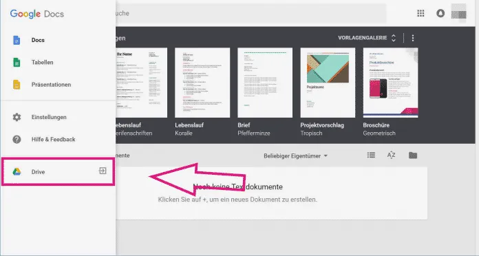 Google Drive Oberfläche zum Erstellen eines neuen Google Docs Fragebogens