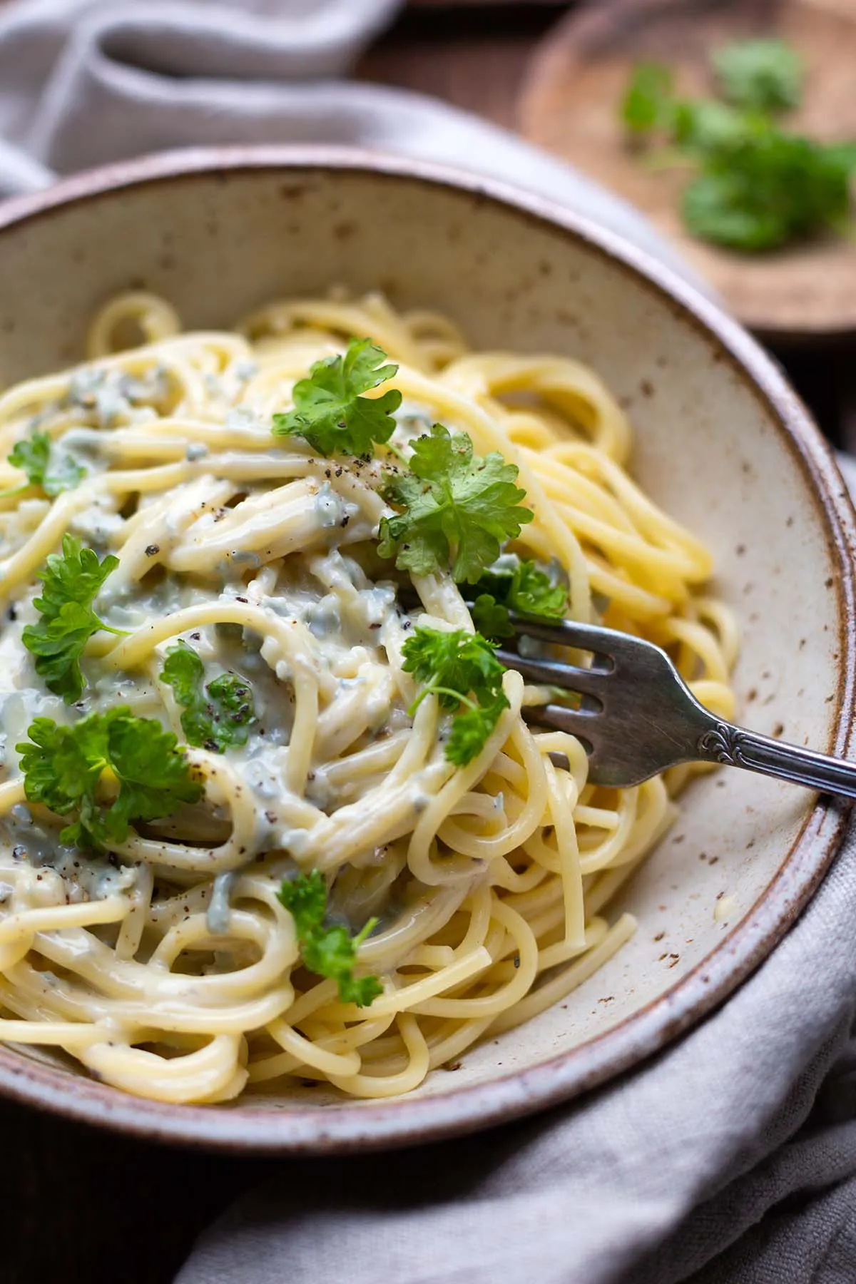 Gorgonzolasauce mit Spaghetti in einer Schüssel.