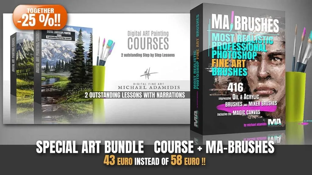 Grafik des MA-Brushes Bundles zusammen mit dem Ultimate Landscape Painting Kurs für digitale Landschaftsmalerei