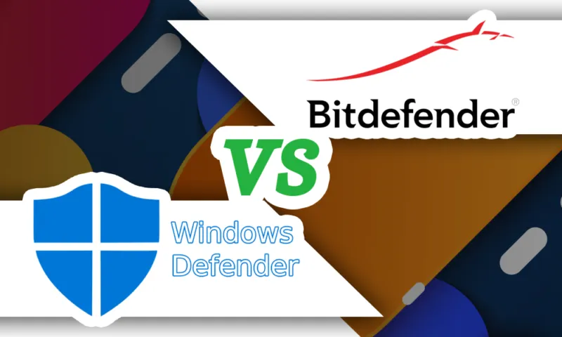 Grafikvergleich zwischen Windows Defender und Bitdefender-Logos, symbolisiert den Kampf um den besten Virenschutz für Windows-Nutzer.