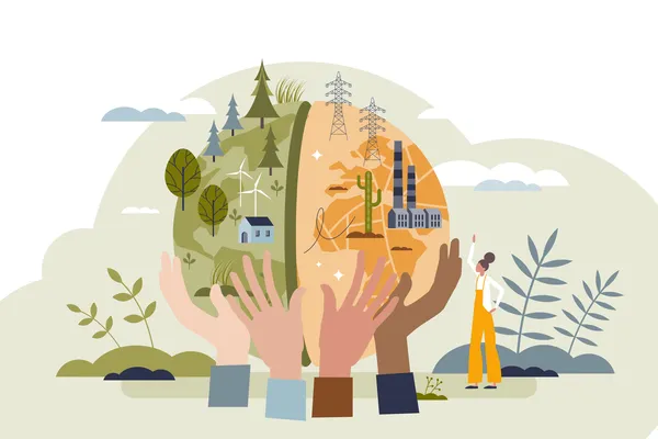 Grafische Darstellung des betrieblichen Umweltschutzes mit Symbolen für Umweltschutz und Unternehmen.