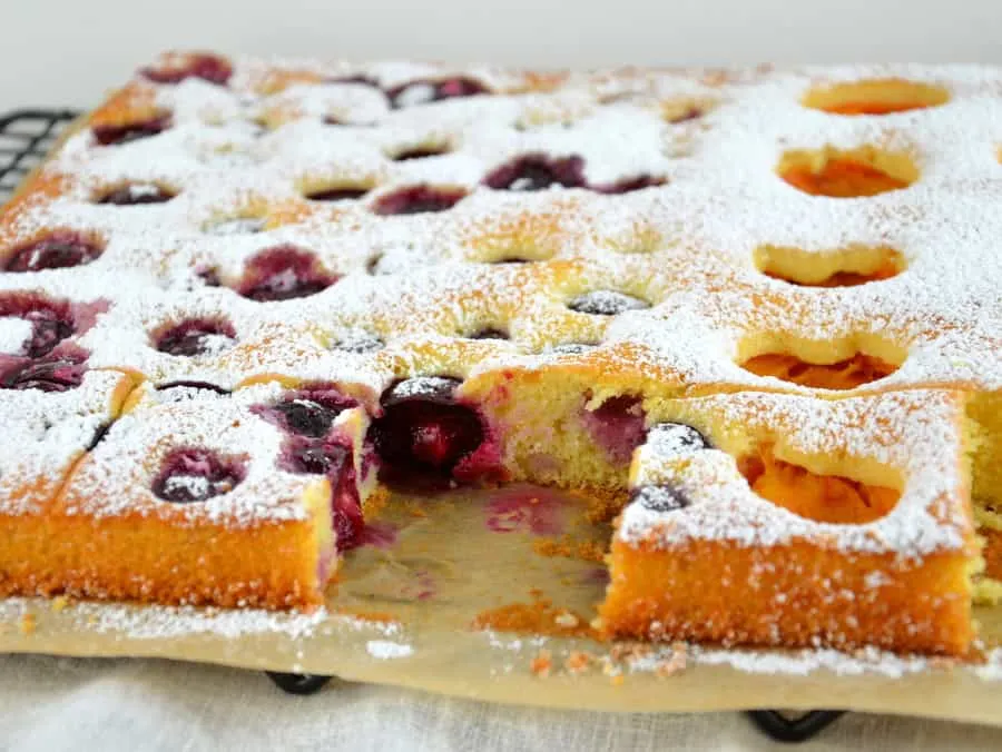 Großer Blechkuchen mit frischen Marillen und Kirschen