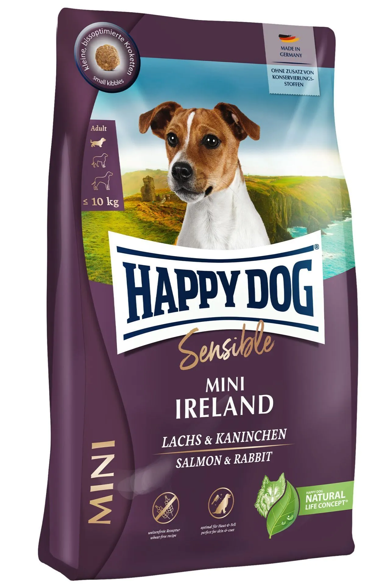 Happy Dog Sensible Mini Ireland Trockenfutter-Verpackung für kleine Hunde mit Lachs und Kaninchen
