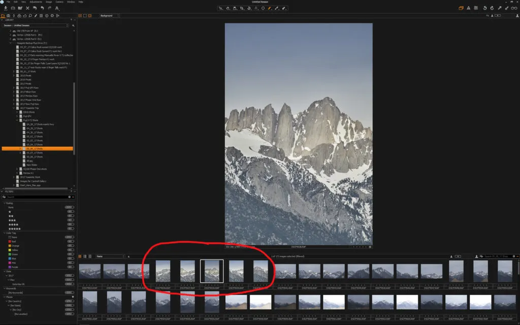Hauptbildschirm von Capture One mit Fuji-Dateien
