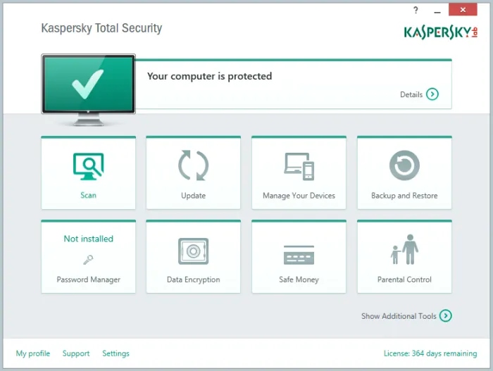 Hauptfenster von Kaspersky Total Security mit Funktionsübersicht