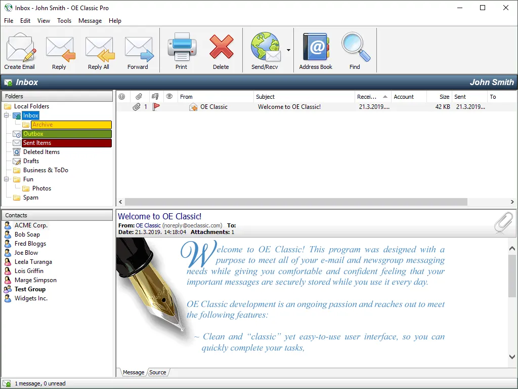 Hauptfenster von OE Classic, zeigt den Posteingang und die E-Mail-Vorschau in einem vertrauten Layout wie Outlook Express.