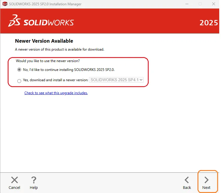 Hinweis auf neuere SolidWorks Versionen und Auswahloptionen