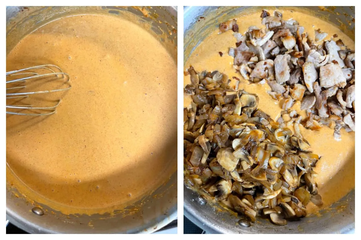 Hinzufügen von Fleisch und Pilzmischung zur Sauce