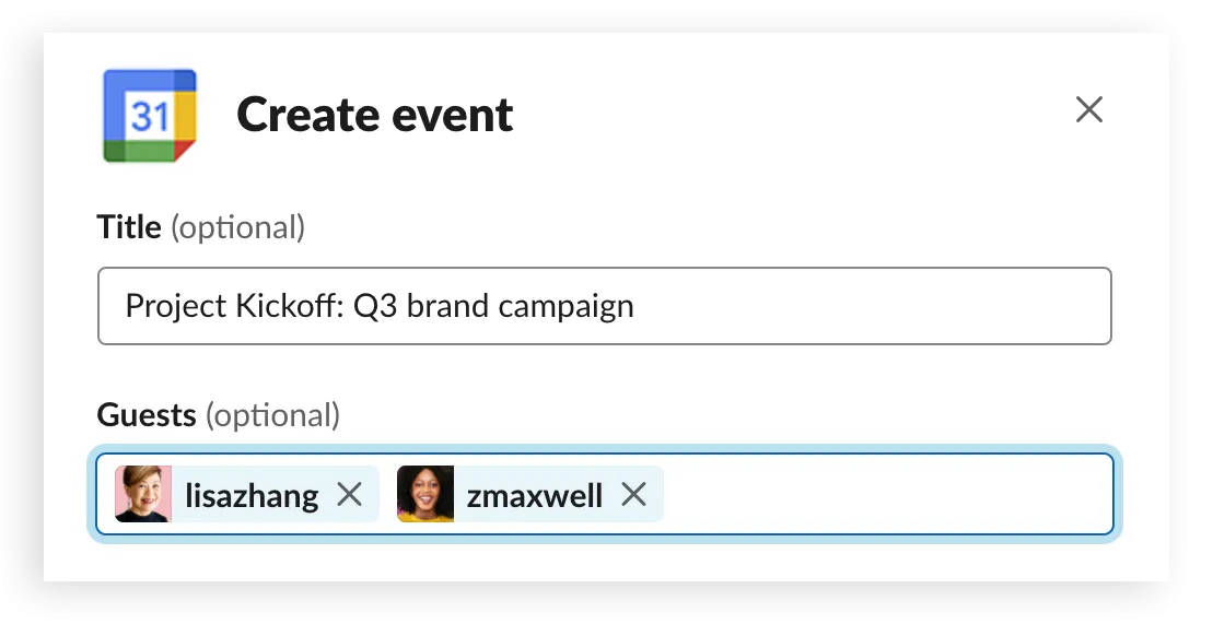 Hinzufügen von Teilnehmern zur Slack Terminplanung mit der Kalender App