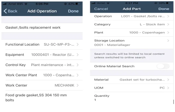 Hinzufügen von Vorgängen und Ersatzteilen zu einem Arbeitsauftrag in der mobilen App