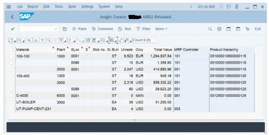 Hinzugefügte Felder im erweiterten MB52 SAP Bericht