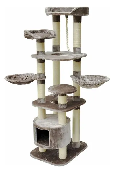 Hoher Nanook Kratzbaum Kira in Braun, mit Kuschelhöhle, vielen Liegeplätzen und robusten Sisalstämmen