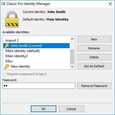 Identitätsmanager in OE Classic, der es Nutzern erlaubt, mehrere Benutzerprofile und ihre jeweiligen E-Mail-Konten zu verwalten.