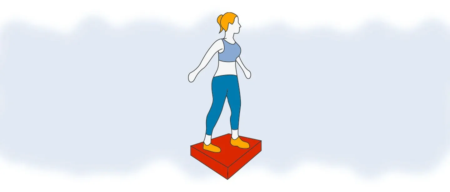 Illustration einer stehenden Gleichgewichtsübung auf rotem Stepper mit angewinkelten Armen.