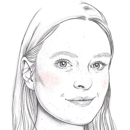 Illustration eines jungen Gesichts mit langen Haaren, Sommersprossen und leichtem Lächeln, frontal.