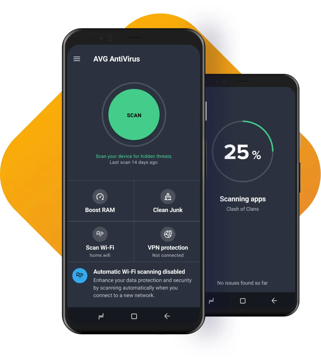 Illustration of an Android smartphone showing AVG antivirus features.