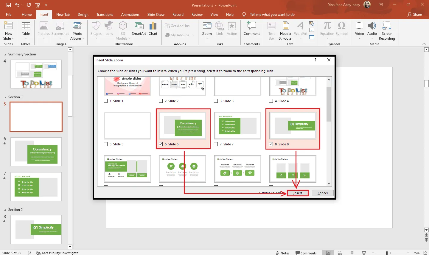 Im Dialogfeld für den Folienzoom die einzufügende Folie auswählen und klicken