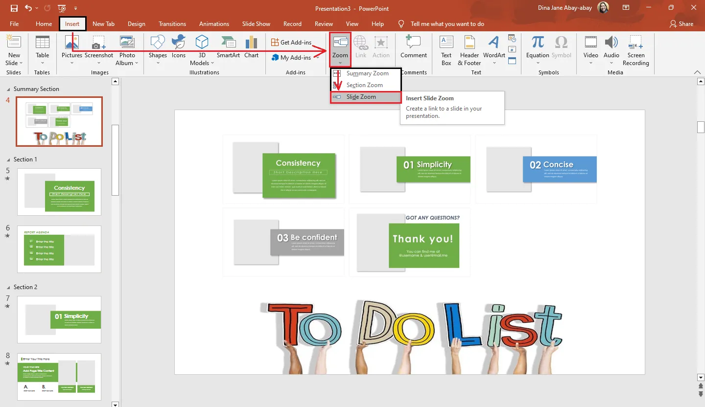 Im Menü &quot;Einfügen&quot; unter &quot;Zoom&quot; die Option &quot;Folienzoom&quot; auswählen