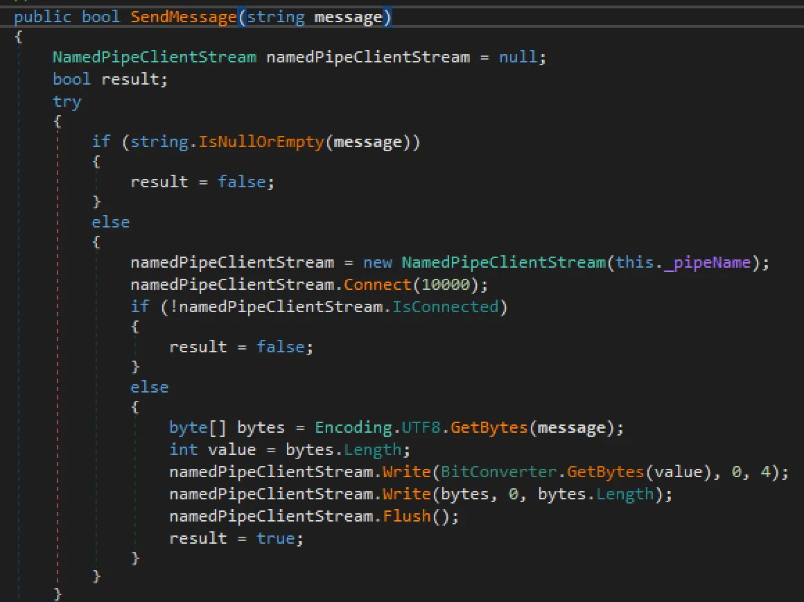 Implementierung der SendMessage()-Methode, die die JSON-Nachricht an das AviraOptimizerHost Named Pipe schreibt.