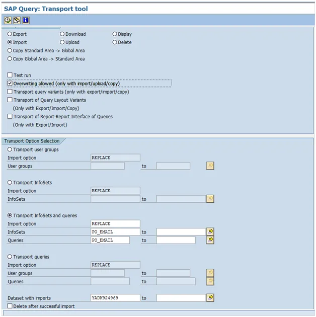 Import von SAP Queries und InfoSets: Angabe der Transportanforderungsnummer