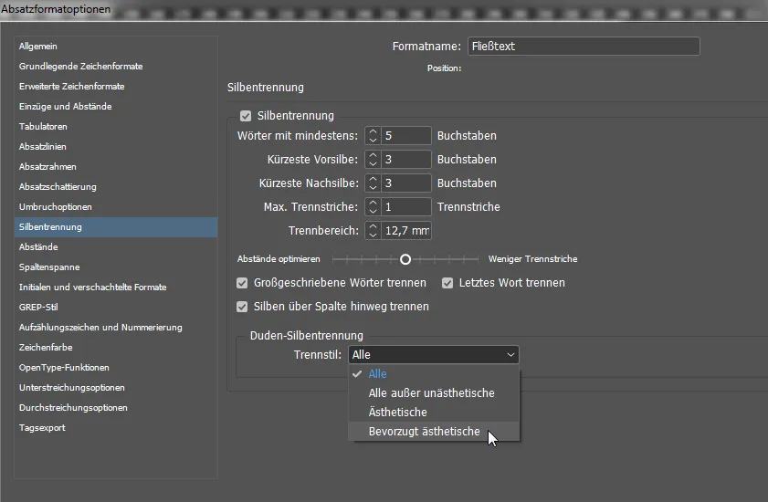 InDesign bietet erweiterte Optionen für die Silbentrennung, die über die Standardeinstellungen hinausgehen und eine präzise Kontrolle ermöglichen.