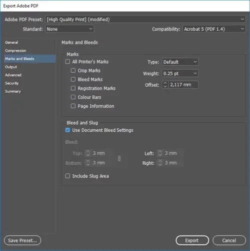 InDesign PDF-Exportoptionen für Markierungen und Beschnitt bei der Fotobuch-Erstellung