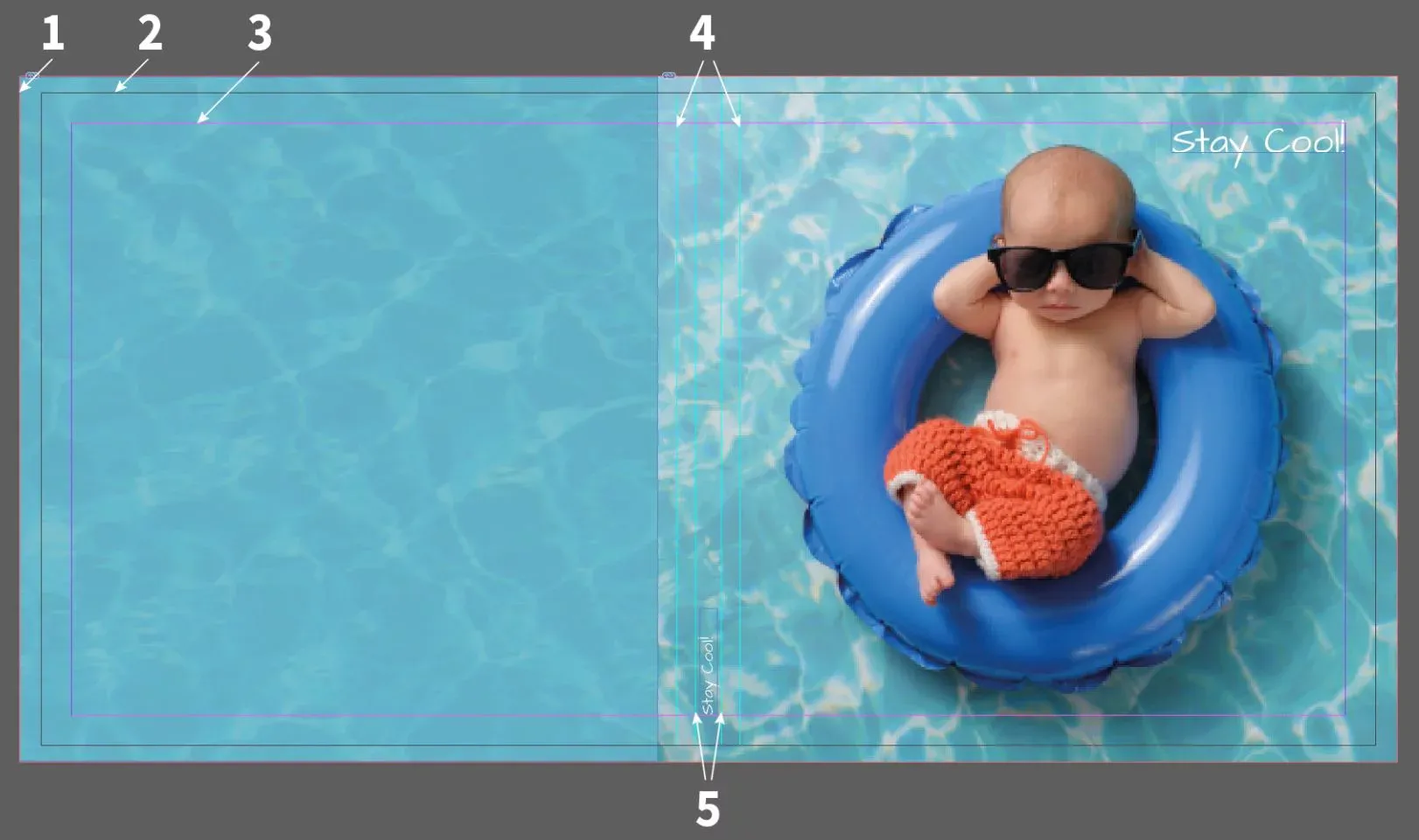 InDesign-Richtlinien für den Fotobuch-Einband mit Beschnitt und Falzbereich