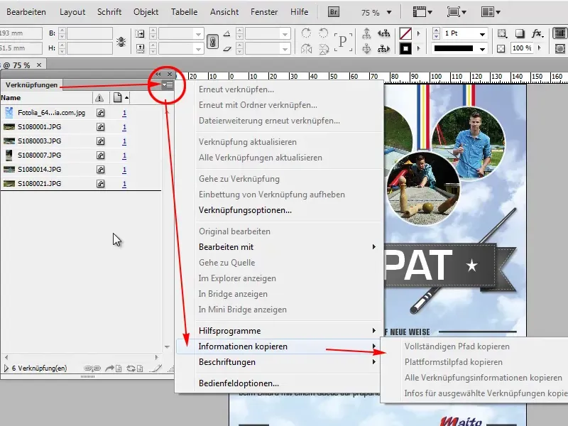 InDesign Verknüpfungsinformationen über das Menü kopieren