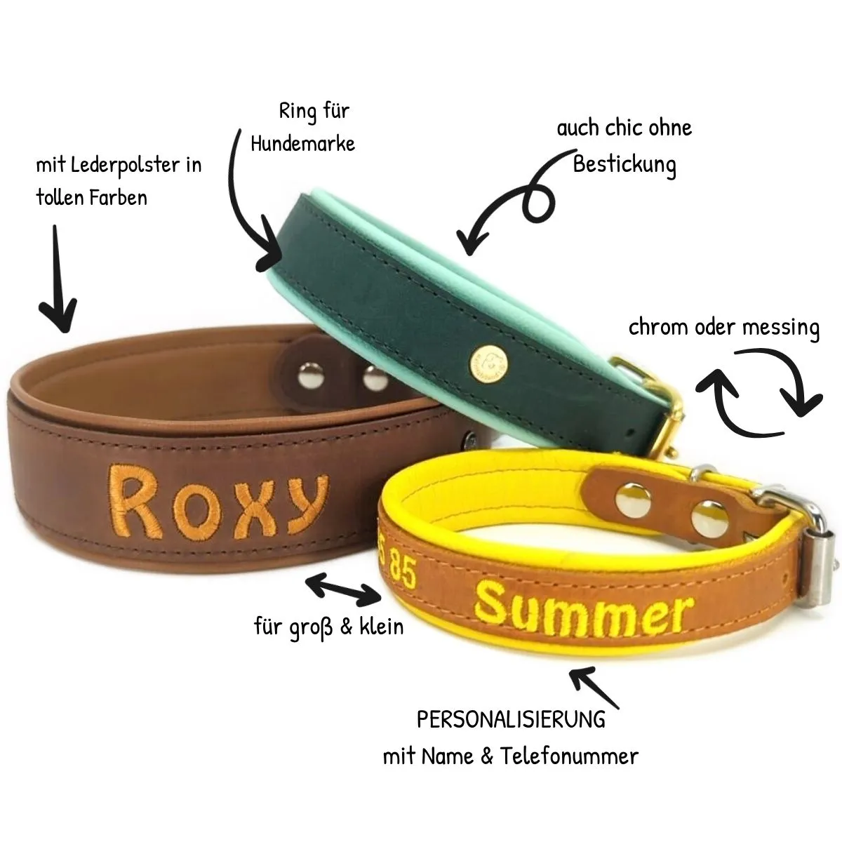 Individuell besticktes Lederhalsband für Hunde mit Namen.