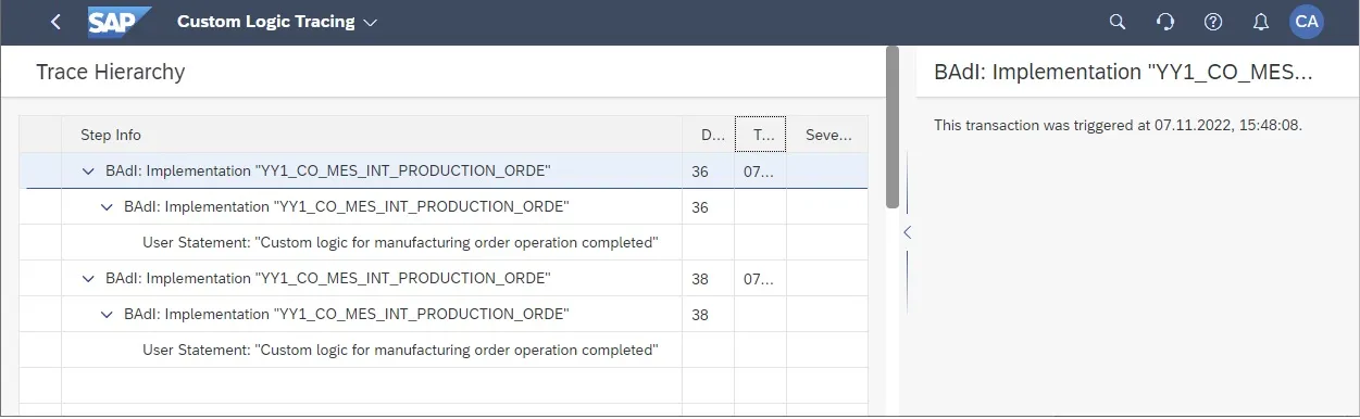 Inhalt der Trace-Datei für die Erstellung eines Fertigungsauftrags mit Log-Meldungen