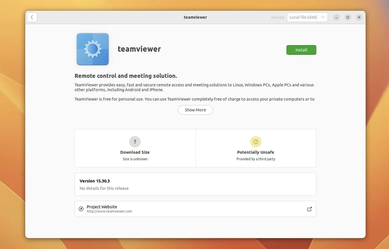 Installation des TeamViewer .deb-Pakets unter Ubuntu über die Software-Anwendung.