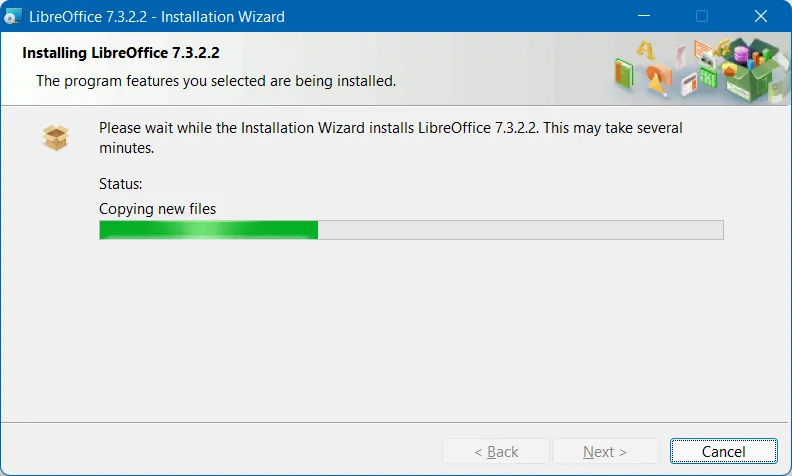 Installationsfortschritt von LibreOffice 7.3.3 zeigt langsame Geschwindigkeit