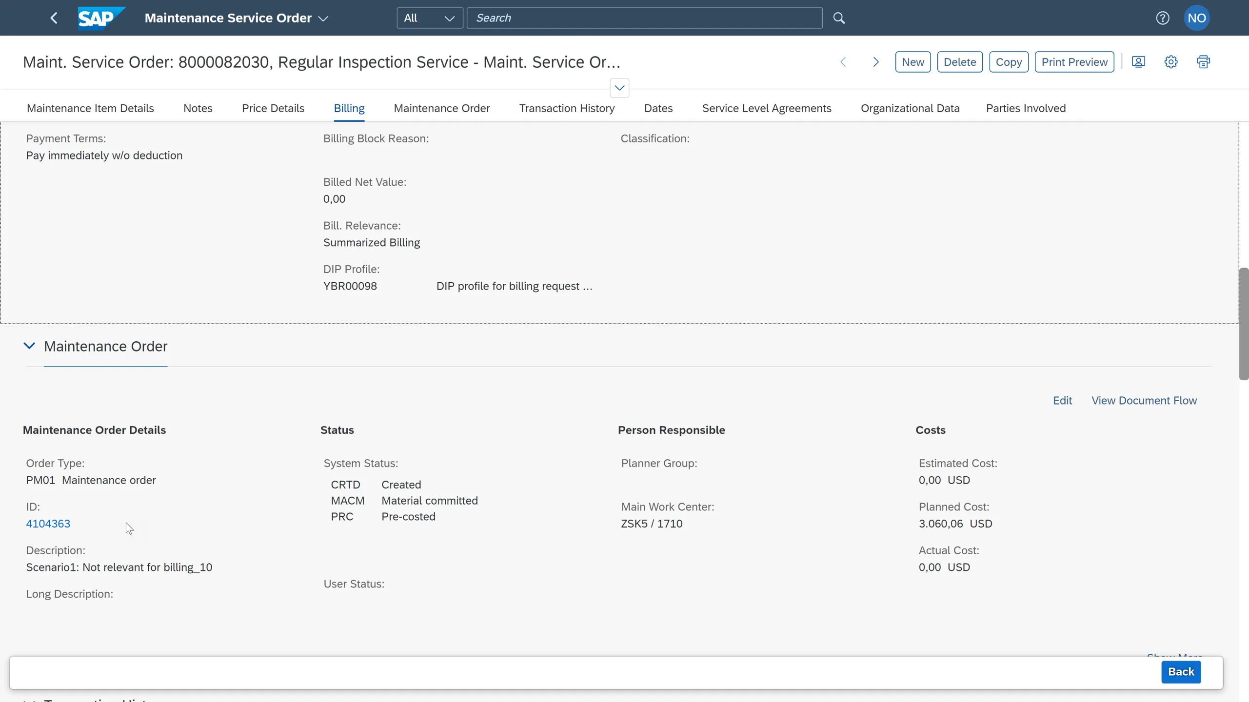 Instandhaltungsserviceauftrag mit DIP-Profil und Instandhaltungsauftrag in SAP S/4HANA 2022