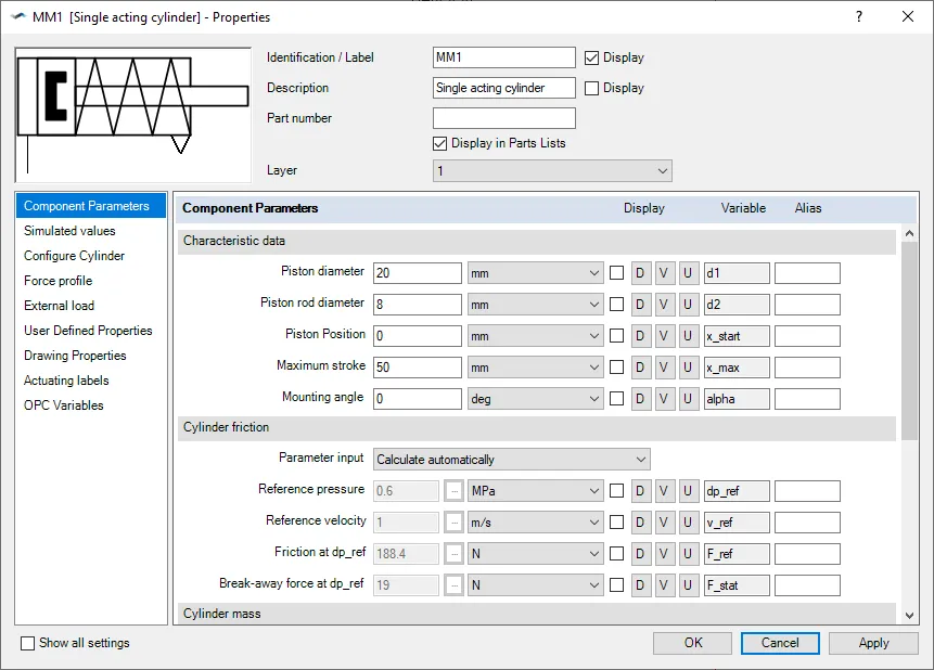 Intuitive Benutzeroberfläche von FluidSIM: Parameterdialog für einen einfachwirkenden Zylinder