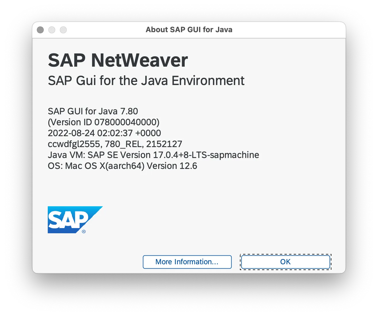JDK-Version und Hardware-Plattform in SAP GUI für Java 7.80