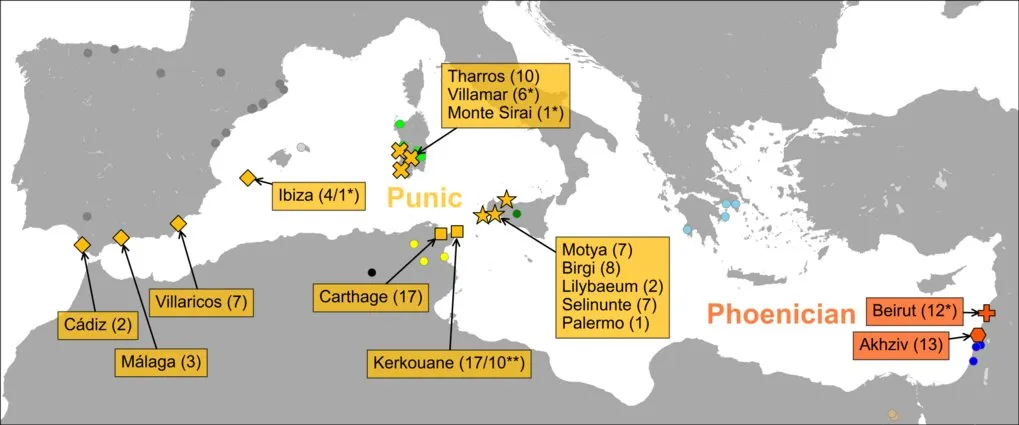 Karte der Fundorte (ca. 600 v. Chr.) mit Anzahl der gewonnenen menschlichen Genome für die Studie.