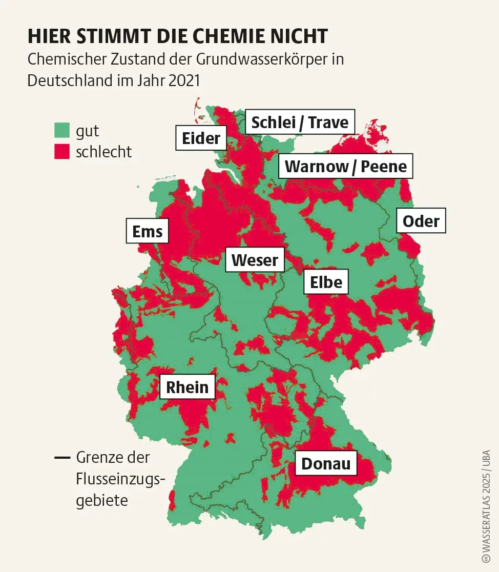 Karte des chemischen Zustands der Grundwasserkörper in Deutschland 2021, nur zwei Drittel sind in gutem Zustand