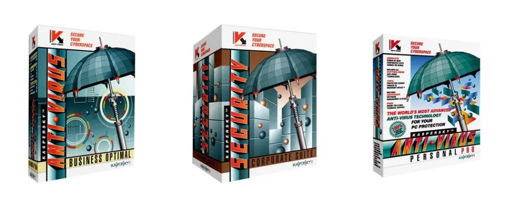 Kaspersky Anti-Virus: Persönlich, Optimal &amp; Corporate Suite Produktboxen aus den Jahren 2001-2002.