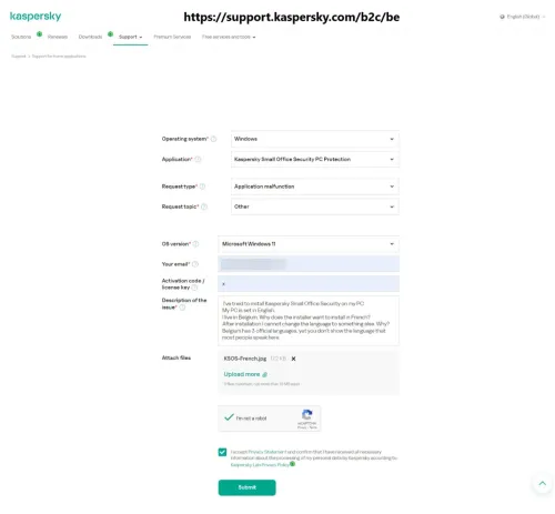 Kaspersky Kundenservice-Kontaktformular für E-Mail-Support mit Feldern für Problembeschreibung, Aktivierungscode und Kontaktdaten.