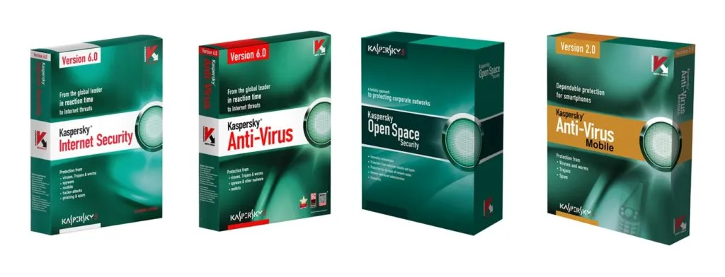 Kaspersky Produktboxen von 2006: Internet Security, Anti-Virus, Open Space und Anti-Virus Mobile mit dem charakteristischen grünen Design.