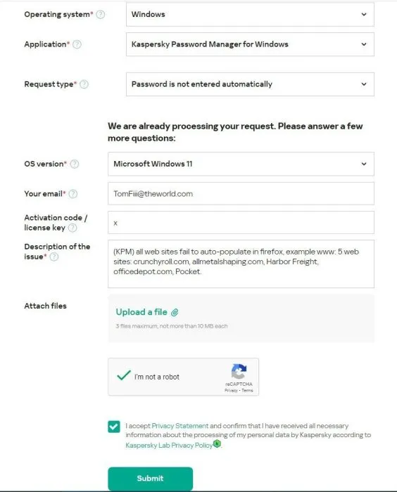 Kaspersky Support-Formular zur Meldung von Anwendungsfehlern des Password Managers und Problemen mit der automatischen Passworteingabe.