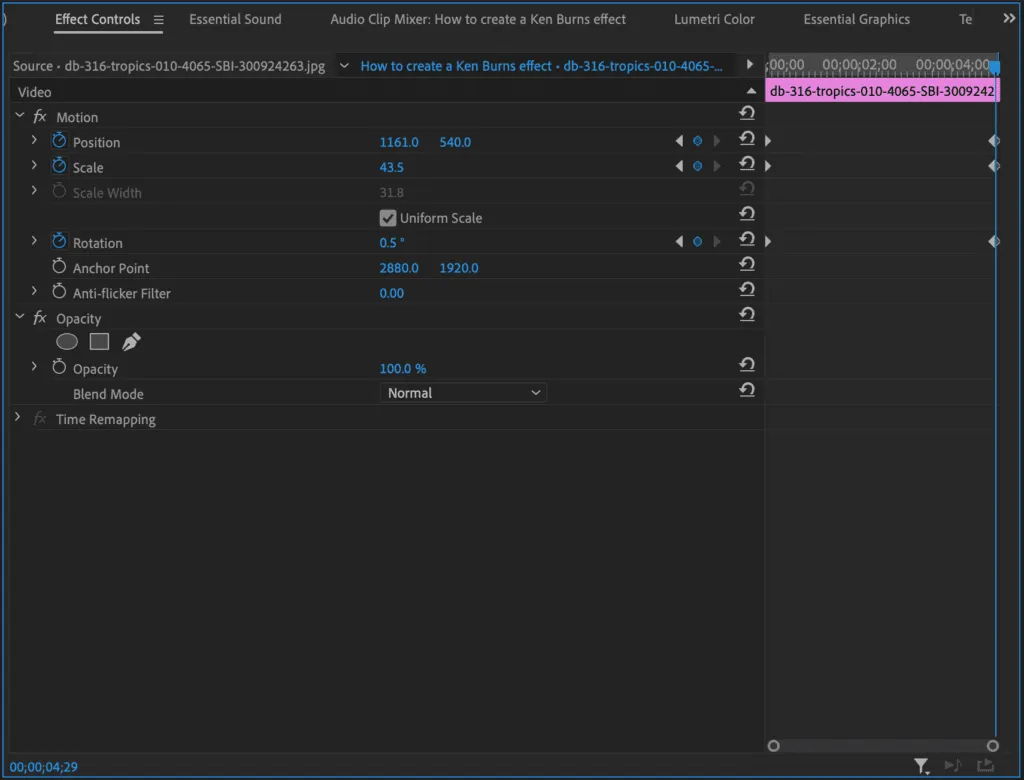 Keyframes für Ken Burns Effekt in Premiere Pro setzen