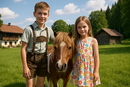 Kinder füttern ein Pony auf einem traditionellen Bauernhof im Bayerischen Wald.