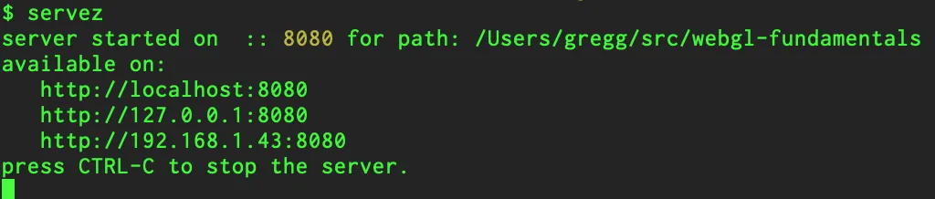 Kommandozeilen-Ausgabe von Servez, die den Start des lokalen Servers unter localhost:8080 anzeigt.