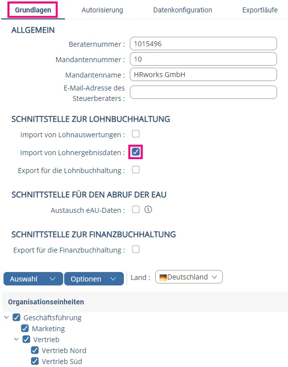 Konfiguration des DATEV Lohnergebnisdatenservice in HR WORKS