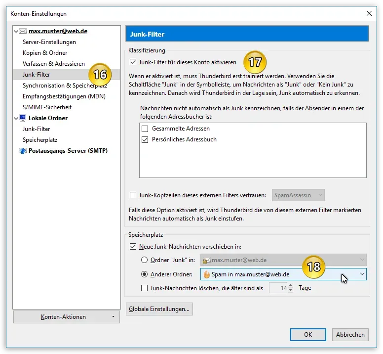 Konfiguration des Junk-Filters in den Thunderbird Kontoeinstellungen