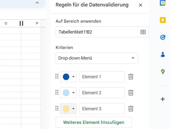 Konfigurationsmenü für Dropdown-Elemente und deren Farben in Google Tabellen, entscheidend für die datenvalidierung google tabellen