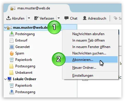 Kontextmenü mit Option zum Abonnieren von Ordnern für ein Thunderbird IMAP-Konto