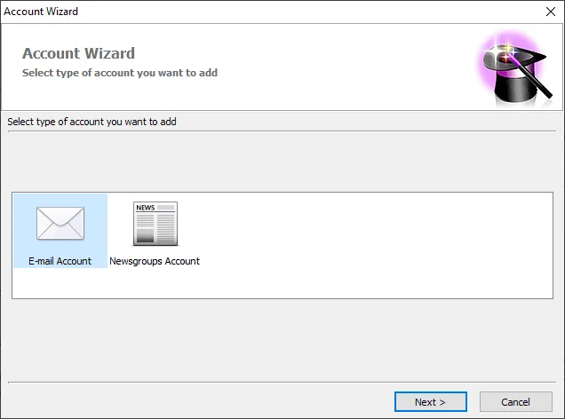 Konto-Assistent in OE Classic, der durch die Einrichtung neuer E-Mail-Konten führt.