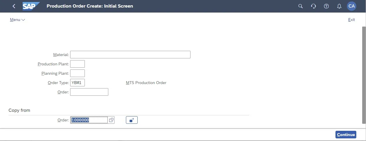 Kopieren eines bestehenden Fertigungsauftrags in der App Create Production Order